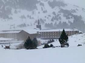 Vall de Nuria main building with skilifts behind