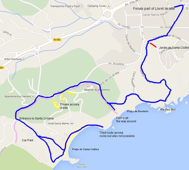 Walking route Lloret de Mar Fenals to Boadella and Santa Cristina