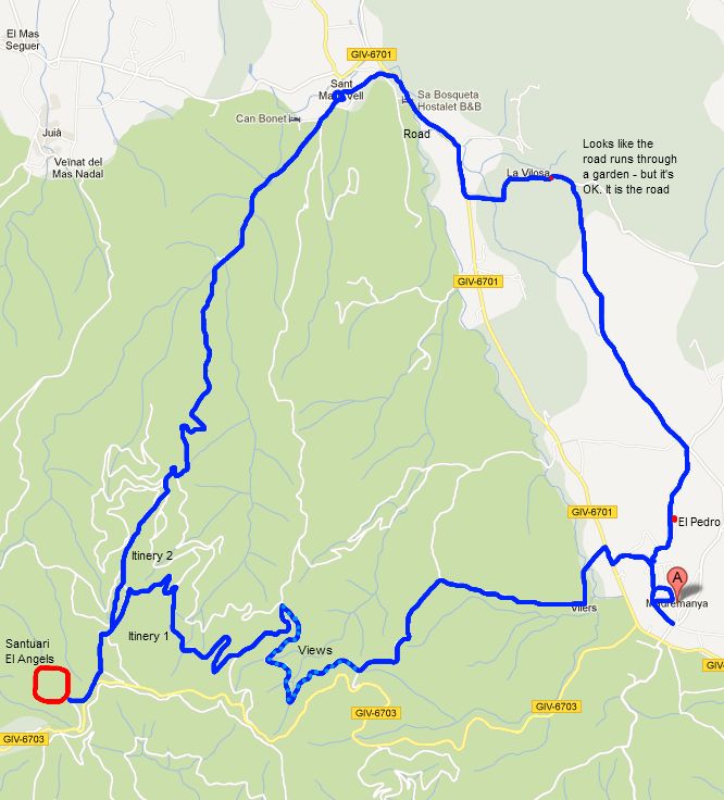 Walking route from Madremanya to the Costa Brava viewpoint at Els Angels and back via Sant Marti Vell