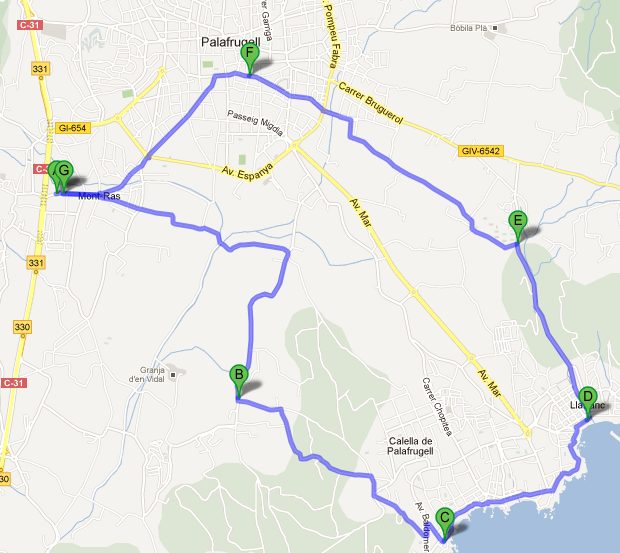 Walking route from Mont-ras to Calella de Palafrugell and Llafranc on the Costa Brava and back via Palafrugell