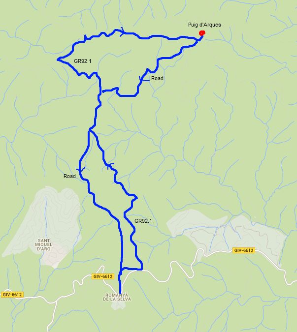 Walking route from Romanya de la Selva to Puig dArques highest point on the Gavarres