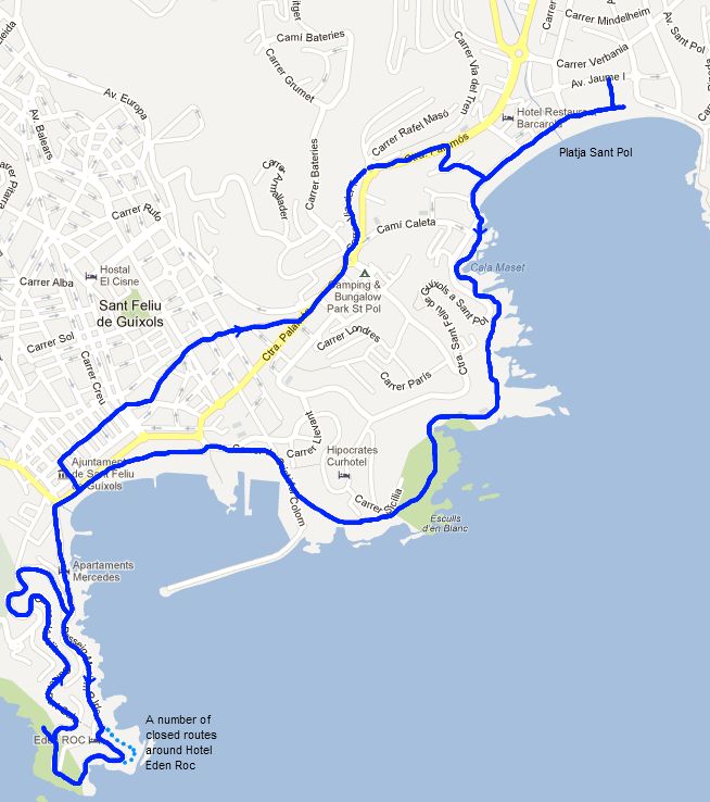 Walking route from Sant Pol to Sant Feliu de Guixols